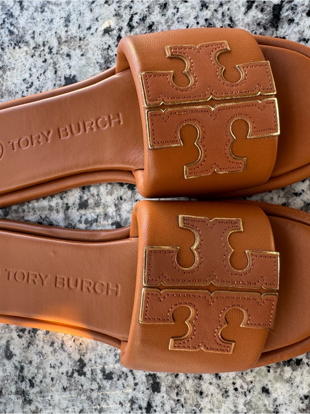 Tory Burch Cognac Leather Slide Sandals with Logo Accent - Picture 6 of 12